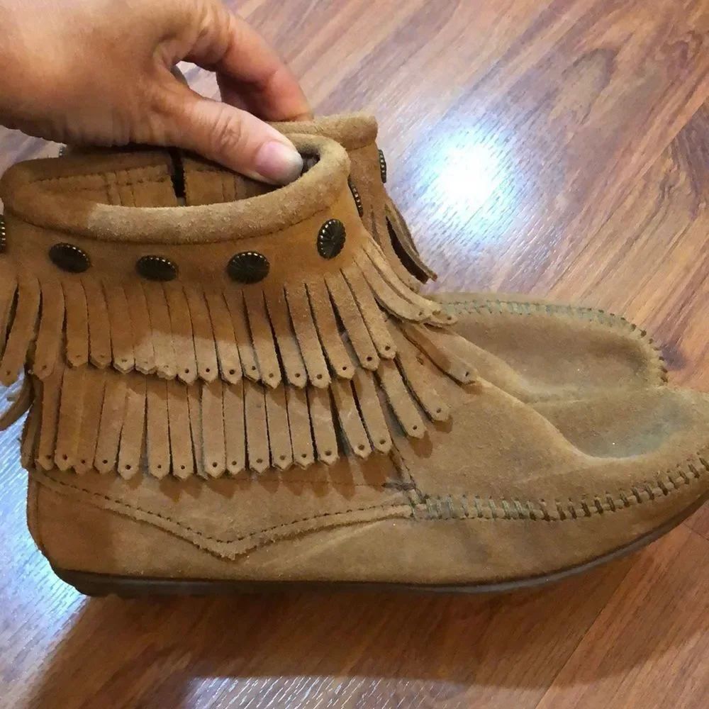 Minnetonka suede fringe booties with studs. 6.5